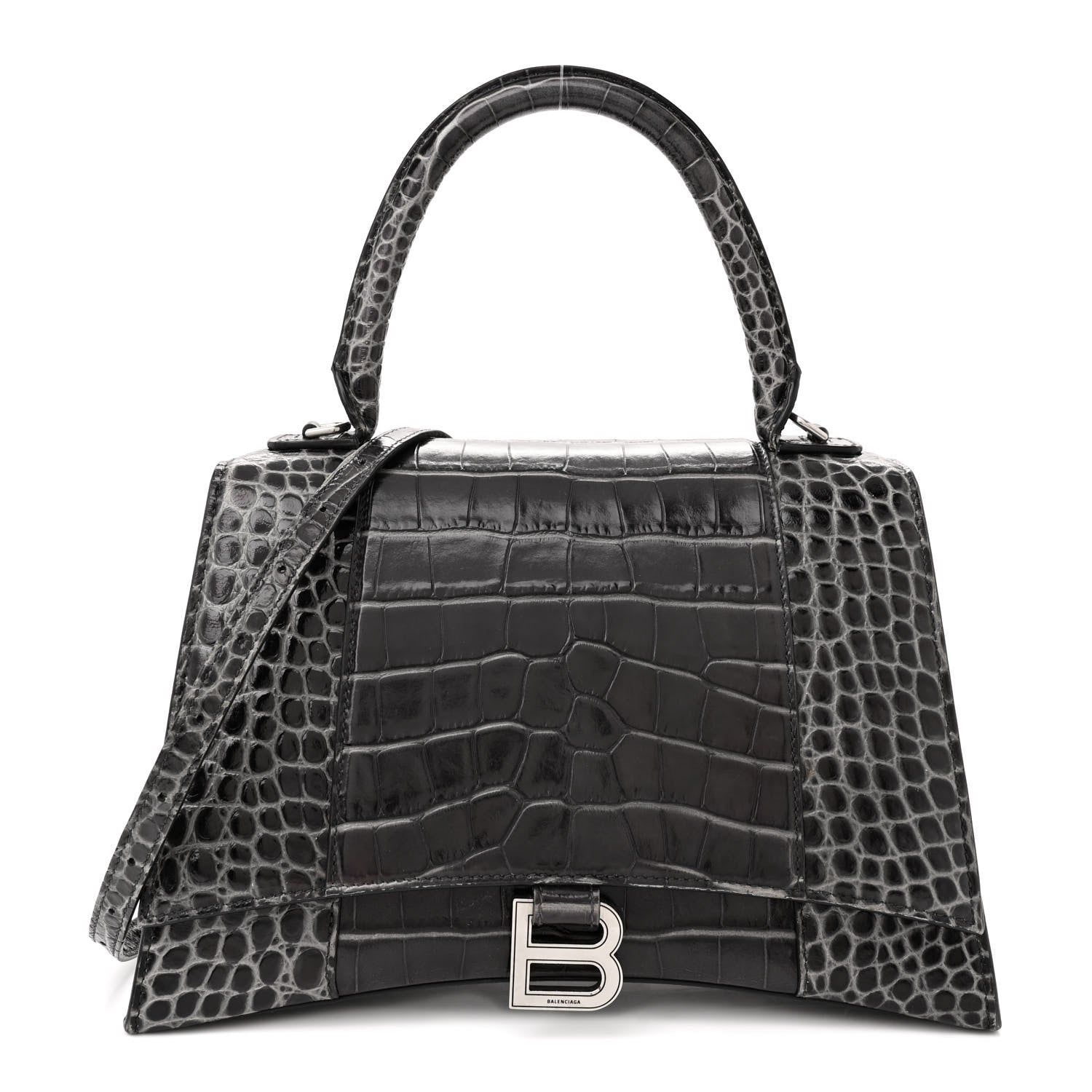 Balenciaga Shiny Calfskin Crocodile Embossed Medium Hourglass Top Handle Bag Dark Grey 1 of 18