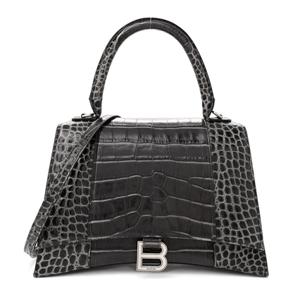 Balenciaga Shiny Calfskin Crocodile Embossed Medium Hourglass Top Handle Bag Dark Grey 1 of 18