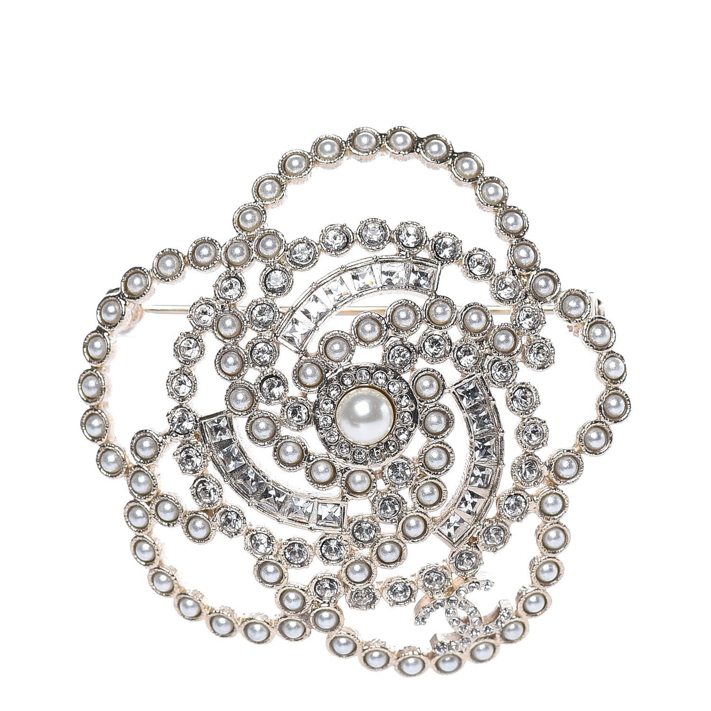 Pearl Crystal Lace Camellia Brooch Gold