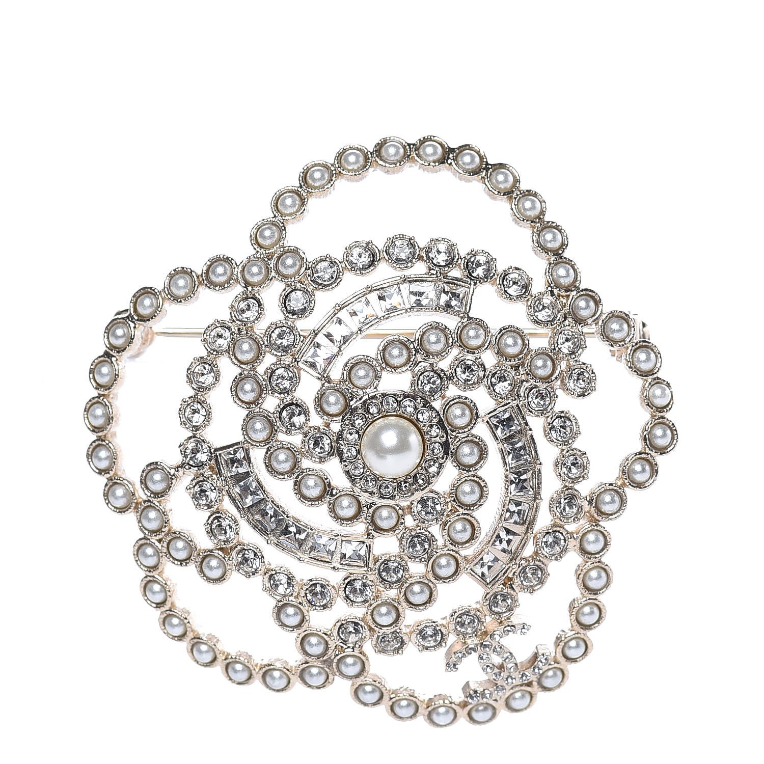 Chanel Pearl Crystal Lace Camellia Brooch Gold 1 of 5