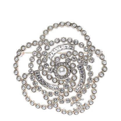 Chanel Pearl Crystal Lace Camellia Brooch Gold 1 of 5