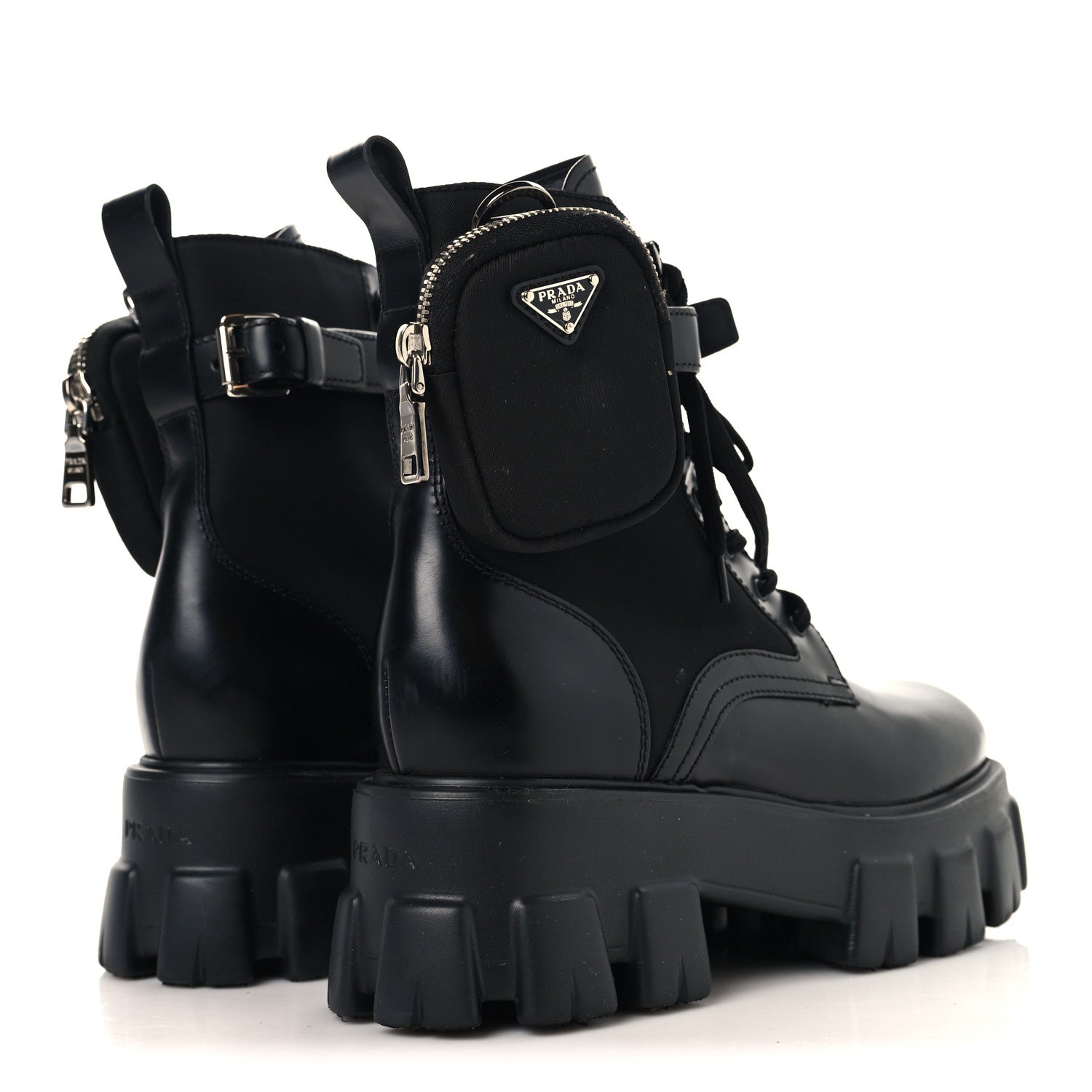 Prada Spazzolato Rois Nylon Metal Triangle Logo Monolith Pouch Pocket 55mm Boots 38.5 Black 5 of 10