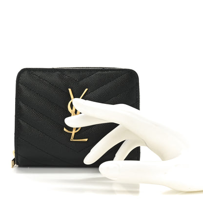 Saint Laurent Grain De Poudre Matelasse Chevron Monogram Compact Zip Around Wallet Black 2 of 8