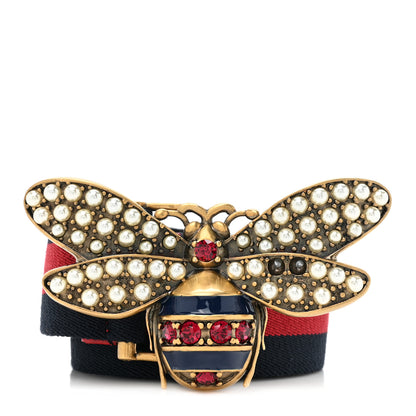 Gucci Web Queen Margaret Bee Belt 80 32 Red Navy 1 of 4