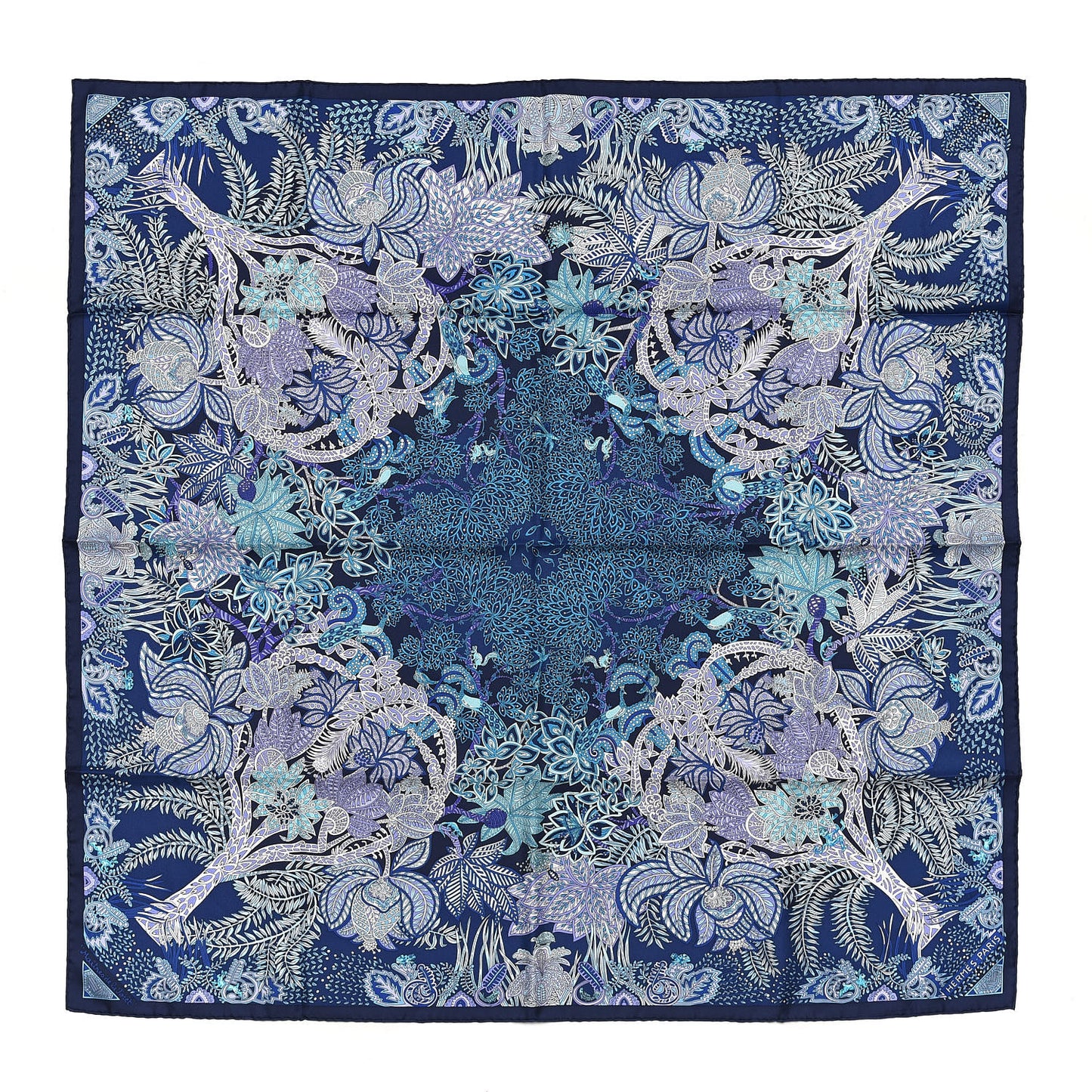 Silk Maitres de la Foret Scarf 90 Marine Lavande Turquoise