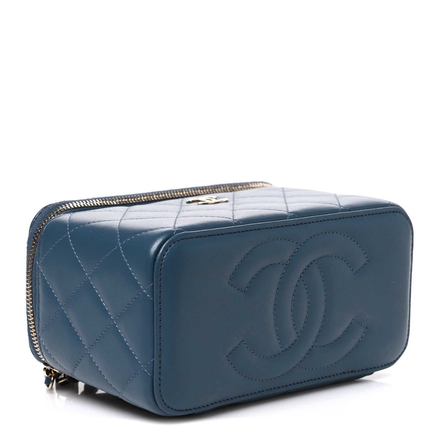 Lambskin Quilted Small Top Handle Vanity Case With Chain Blue