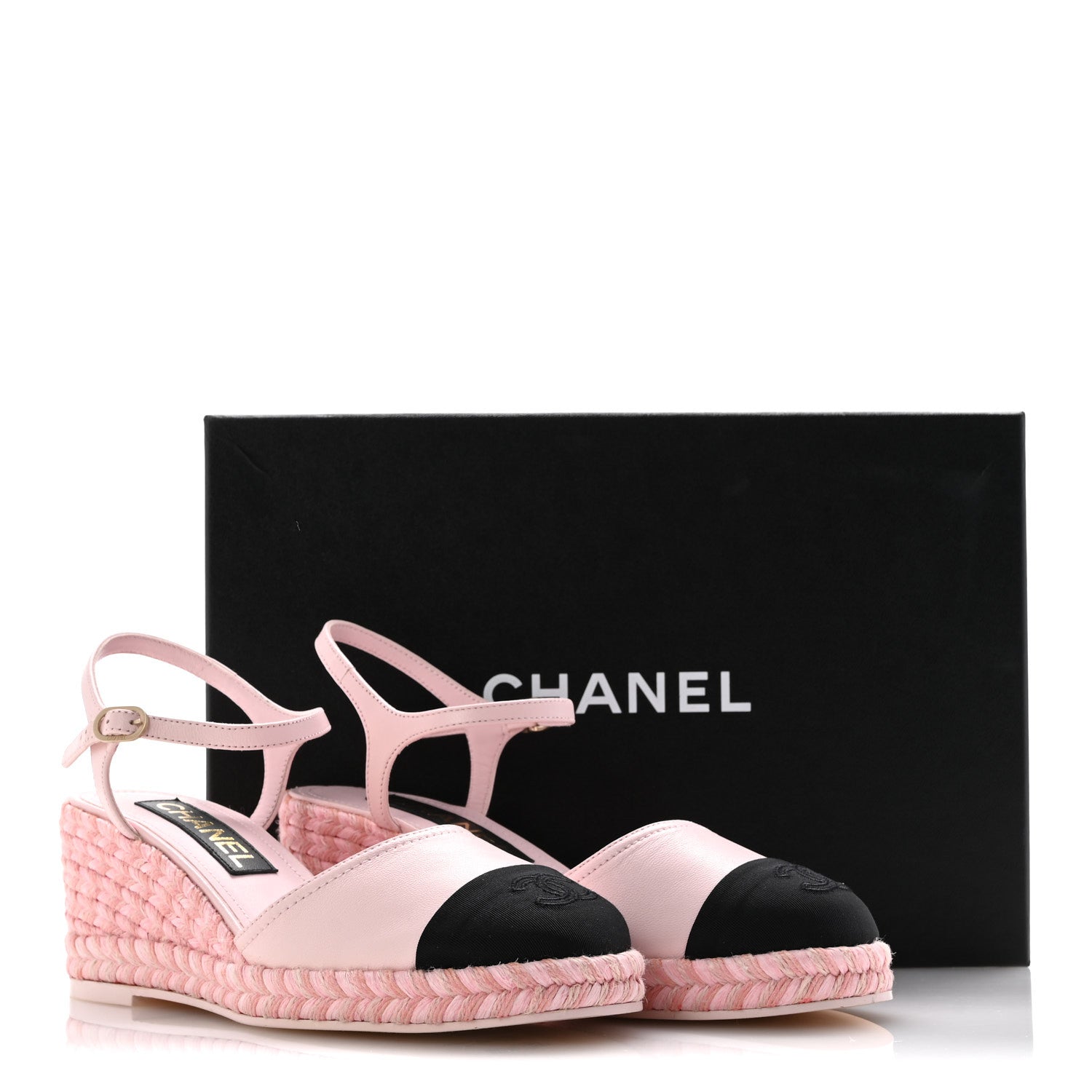 Chanel Lambskin Grosgrain CC Espadrilles Wedges 38 Pink Black 11 of 11