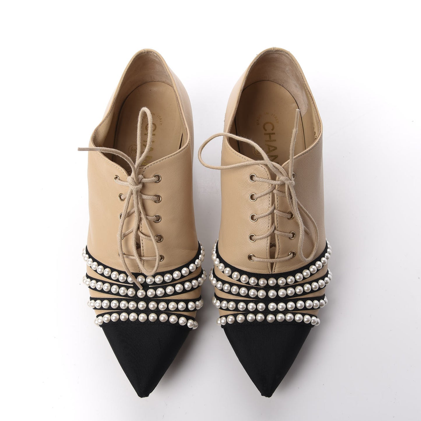 Goatskin Grosgrain Pearl Cap Toe Lace Up Oxfords 37.5 Beige Black