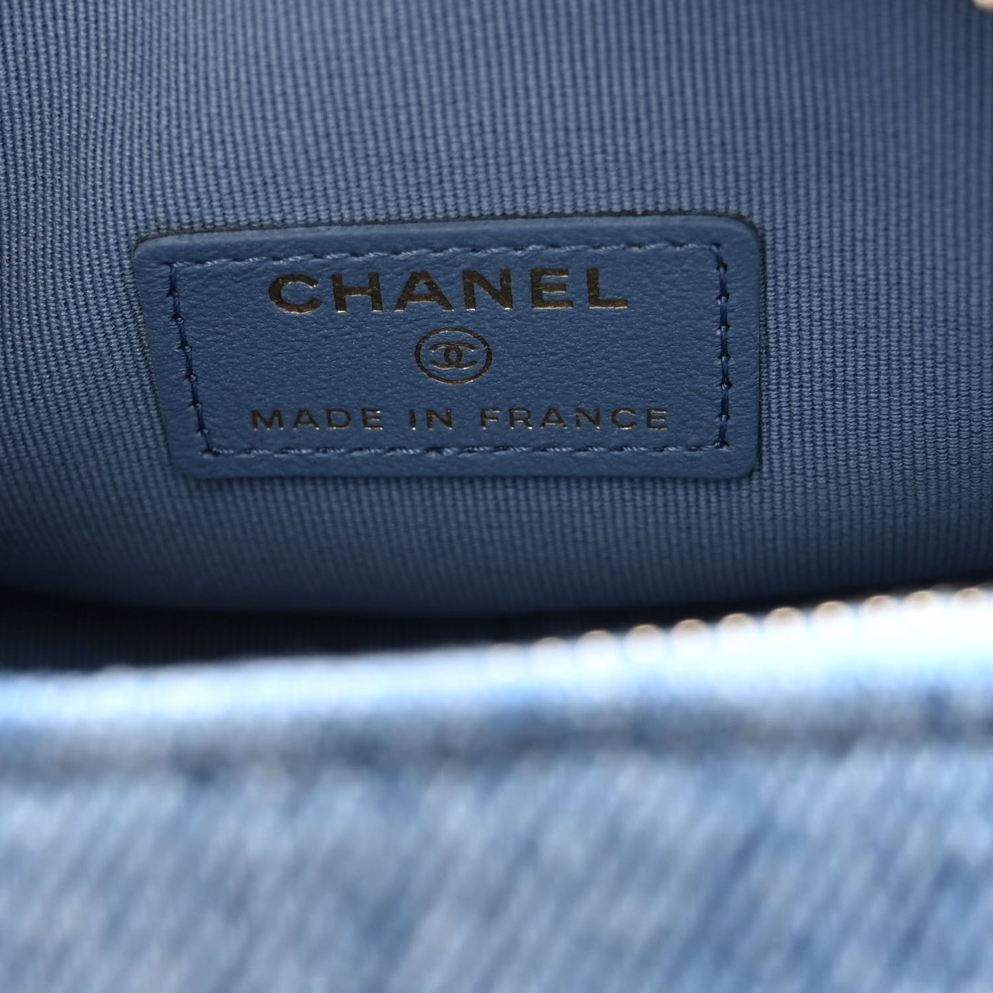 Denim Printed Chain Clutch Dark Blue