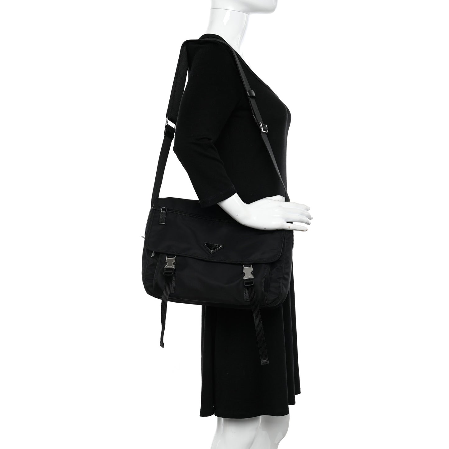 Nylon Vela Double Snap Buckle Messenger Bag Black