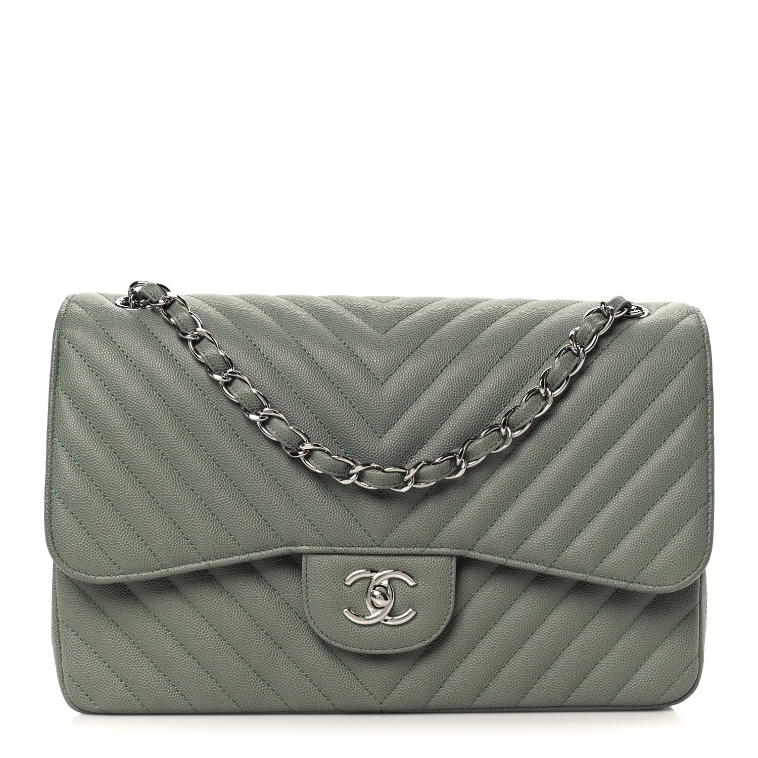 Chanel Caviar Chevron Quilted Jumbo Double Flap Green 1 of 11