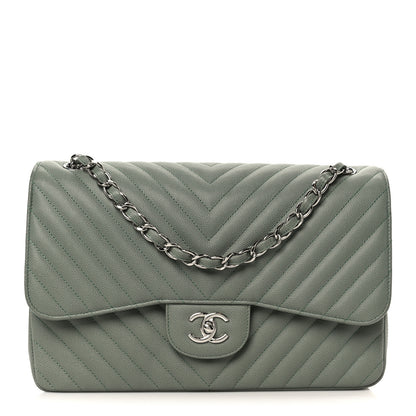 Chanel Caviar Chevron Quilted Jumbo Double Flap Green 1 of 11