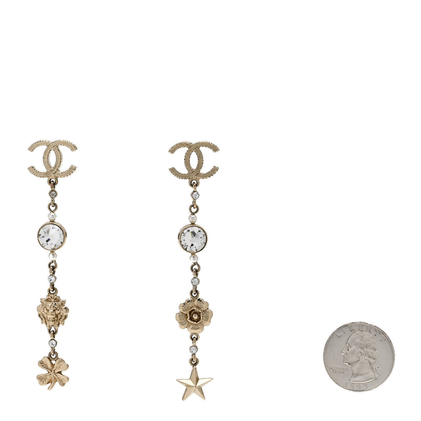 Crystal Pearl CC Charms Drop Earrings Gold