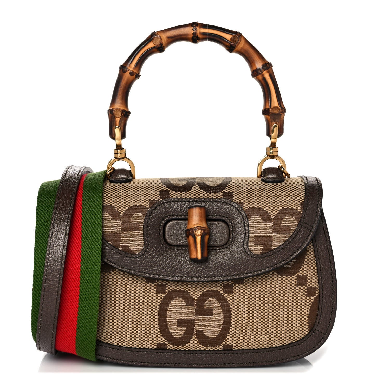 Gucci Monogram Jumbo GG Textured Dollar Calfskin Web Small Bamboo 1947 Top Handle Bag Camel Ebony New Acero 1 of 9