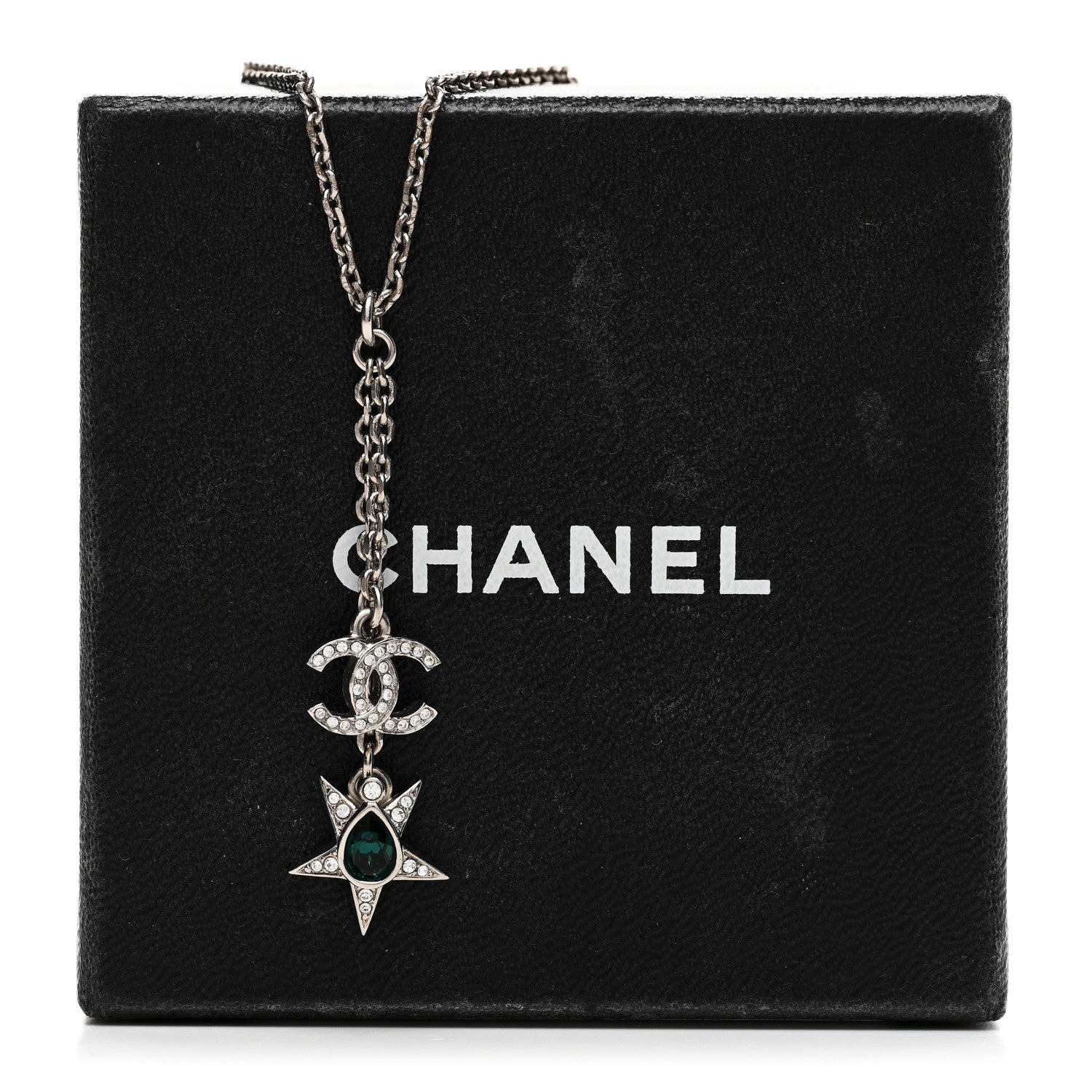 Chanel Pearl Crystal CC Star Drop Necklace Silver Green Pearly White Silver Green 6 of 6