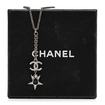 Chanel Pearl Crystal CC Star Drop Necklace Silver Green Pearly White Silver Green 6 of 6