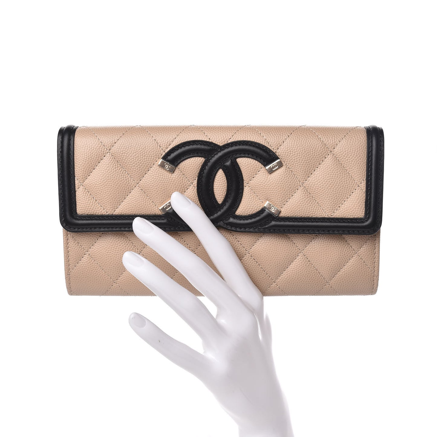 Caviar Quilted Filigree Flap Wallet Beige Black