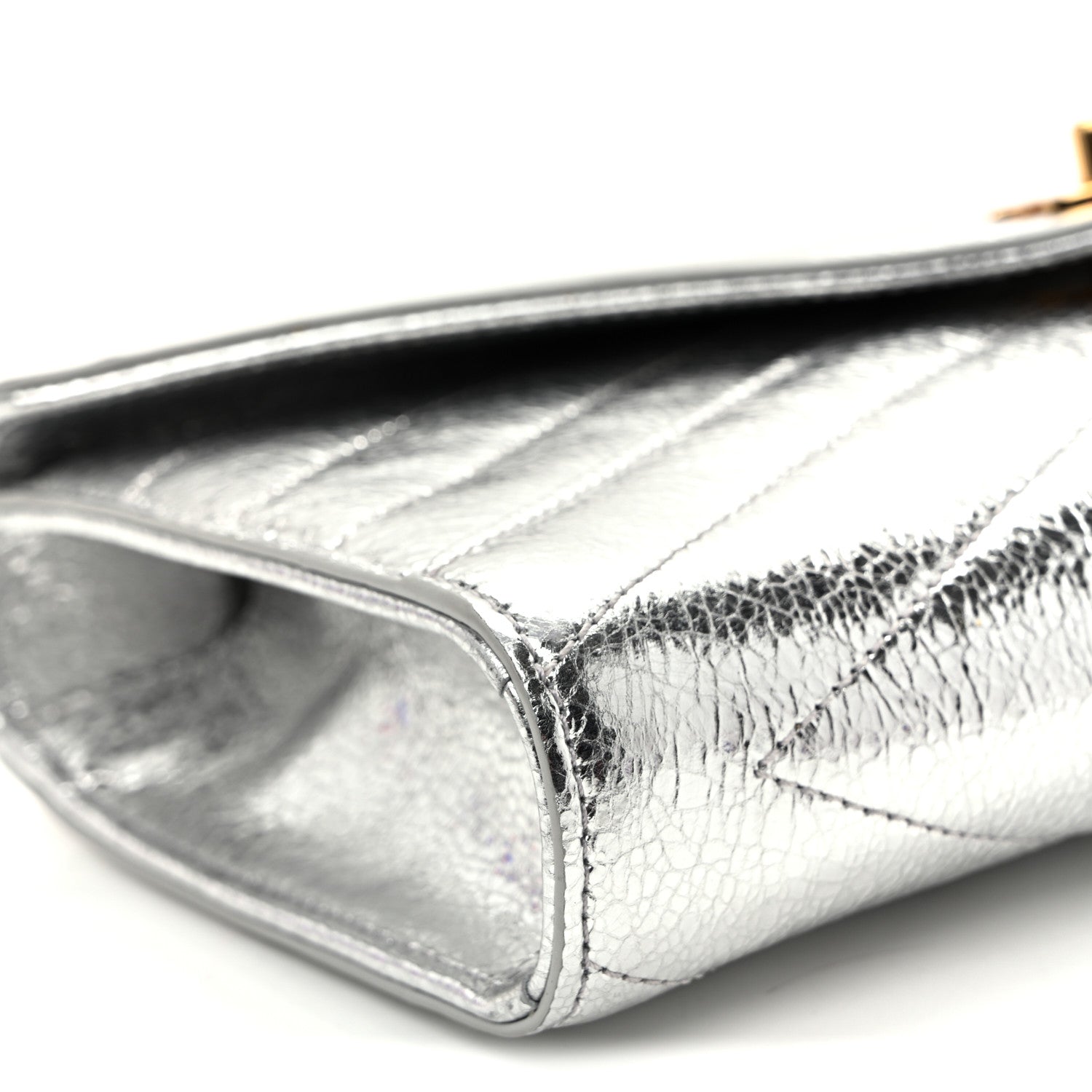 Chanel Metallic Aged Calfskin Chevron Quilted Top Handle Envelope Clutch Silver 9 of 10