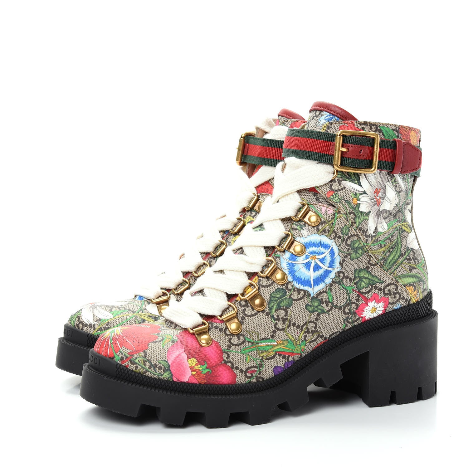 Gucci GG Supreme Monogram Flora Lace Up Combat Ankle Boots 36.5 Beige Multicolor Red 3 of 11