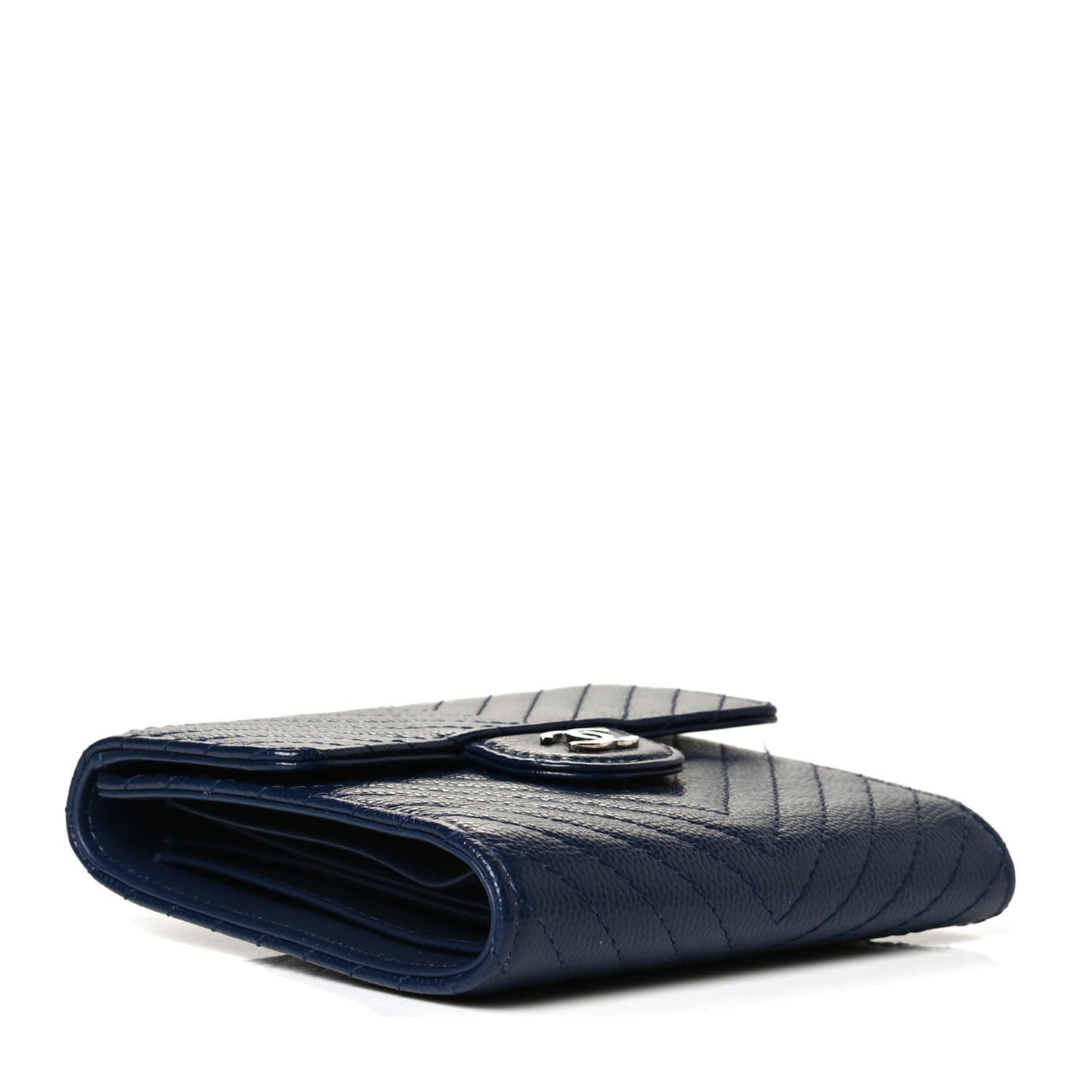 Caviar Chevron Quilted Compact Flap Wallet Navy