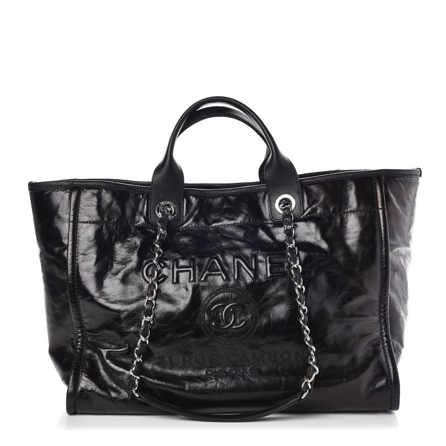 Glazed Calfskin Large Deauville Tote Black
