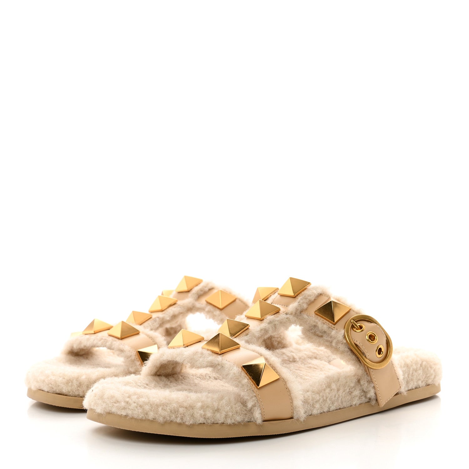 Valentino Garavani Shearling Roman Stud Slide Sandals 38.5 Sahara Beige 3 of 7