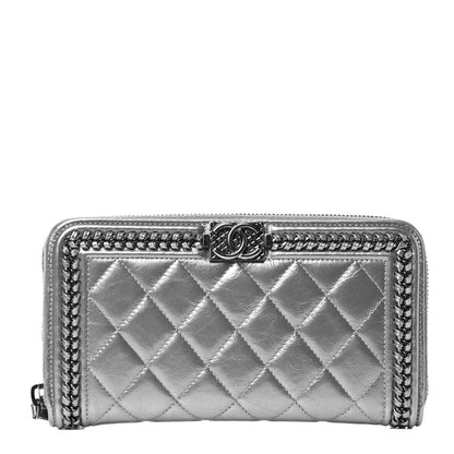 Chanel Metallic Calfskin Quilted Boy Chain Large Gusset Zip Around Wallet Silver 1 of 4