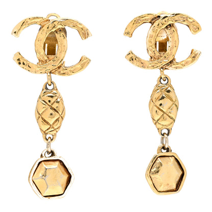 Chanel Metal CC Quilted Drop Clip On Earrings Gold 1 of 6