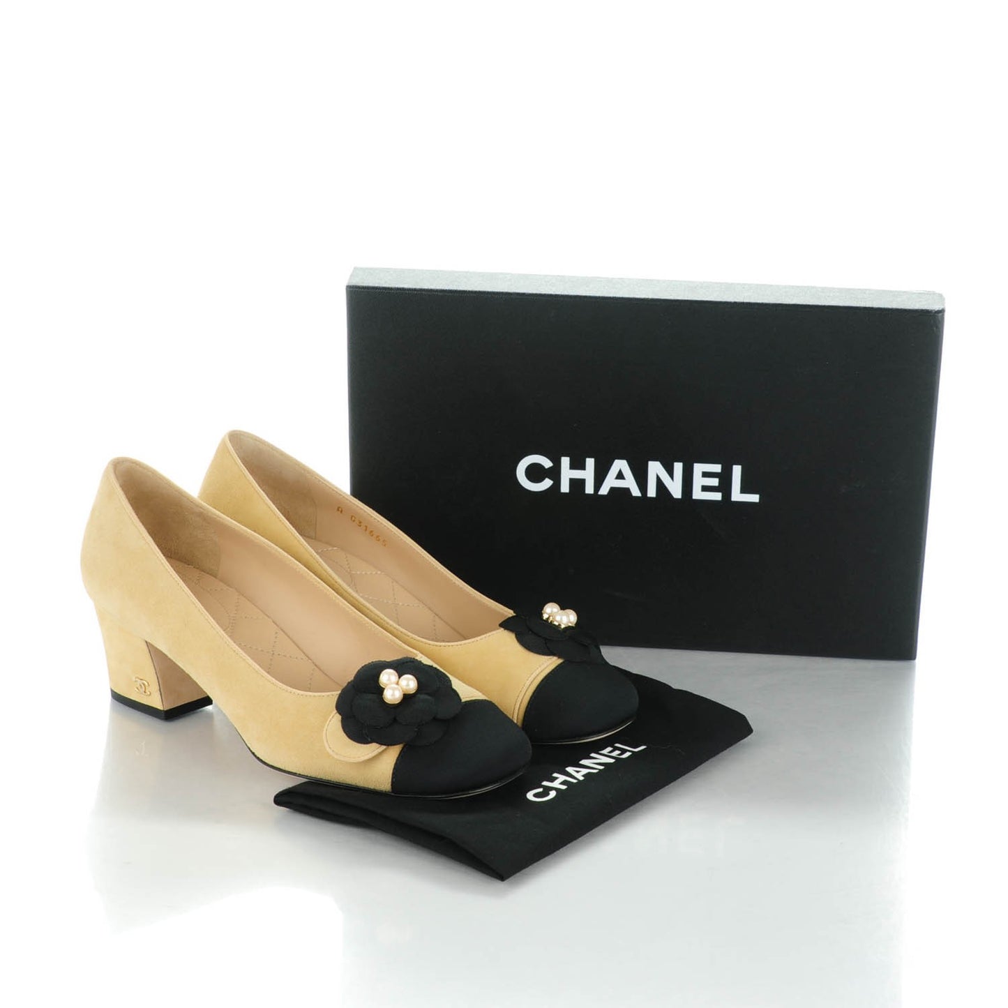 Suede Grosgrain Pearl Camellia Cap Toe Pumps 37.5 Beige Black