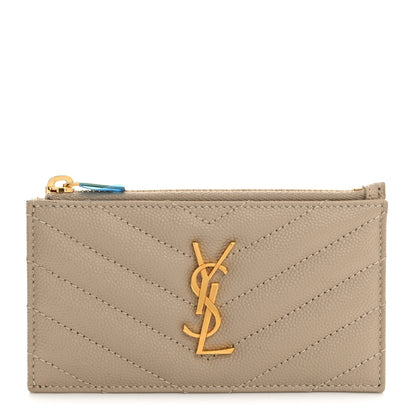 Saint Laurent Grain De Poudre Matelasse Chevron Monogram Fragments Zippered Card Case Sea Salt 1 of 8