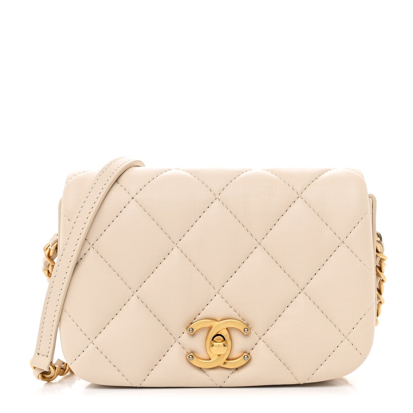 Calfskin Quilted Mini Nailed CC Flap Bag Beige