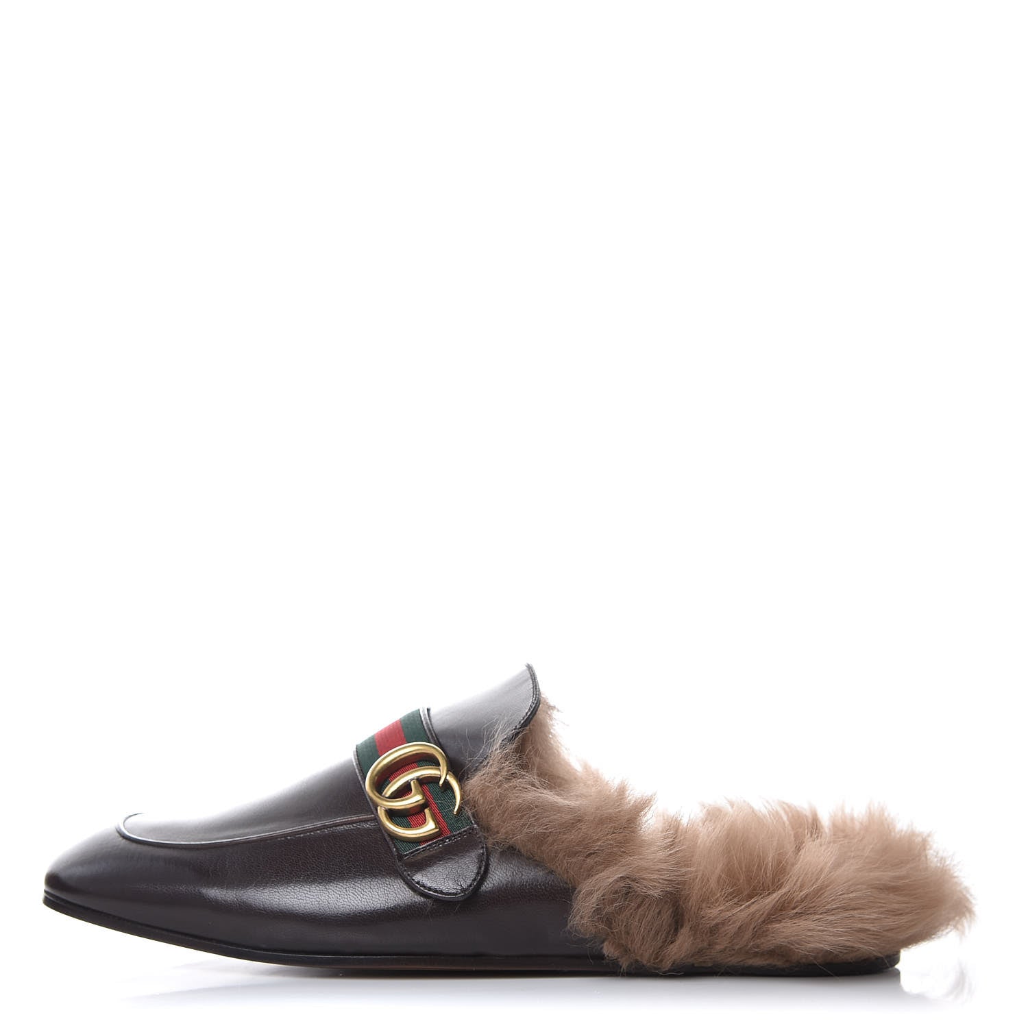 Gucci Goatskin Fur Web GG Mens Princetown Slippers 11 Cocoa 1 of 8