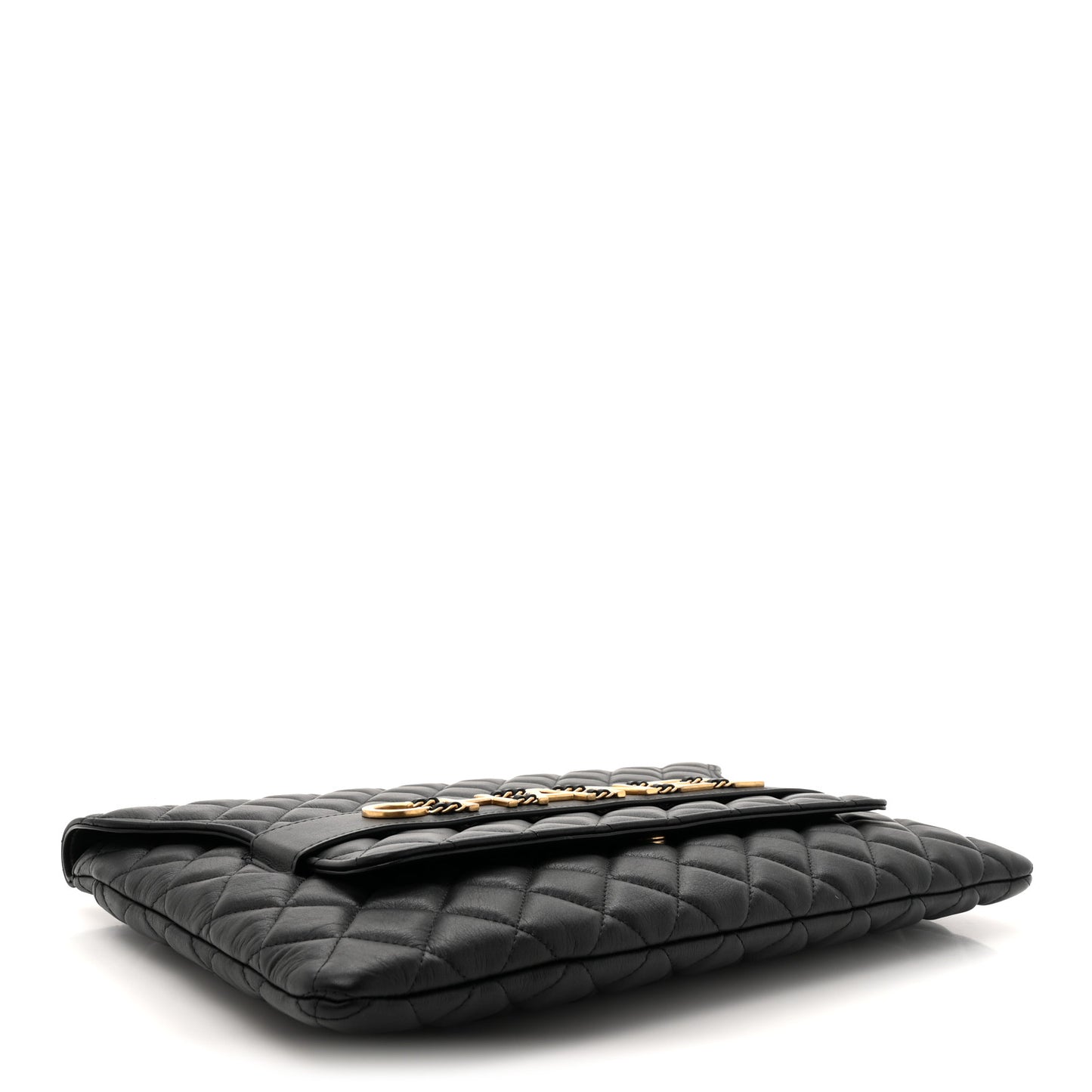 Calfskin Quilted Front Logo Enchained Clutch Black