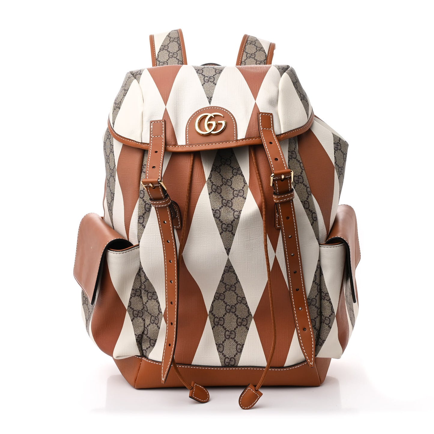 GG Supreme Monogram Calfskin Rhombus Print Medium Ophidia Double Buckle Backpack Beige Ebony Mystic White Hazel Brown