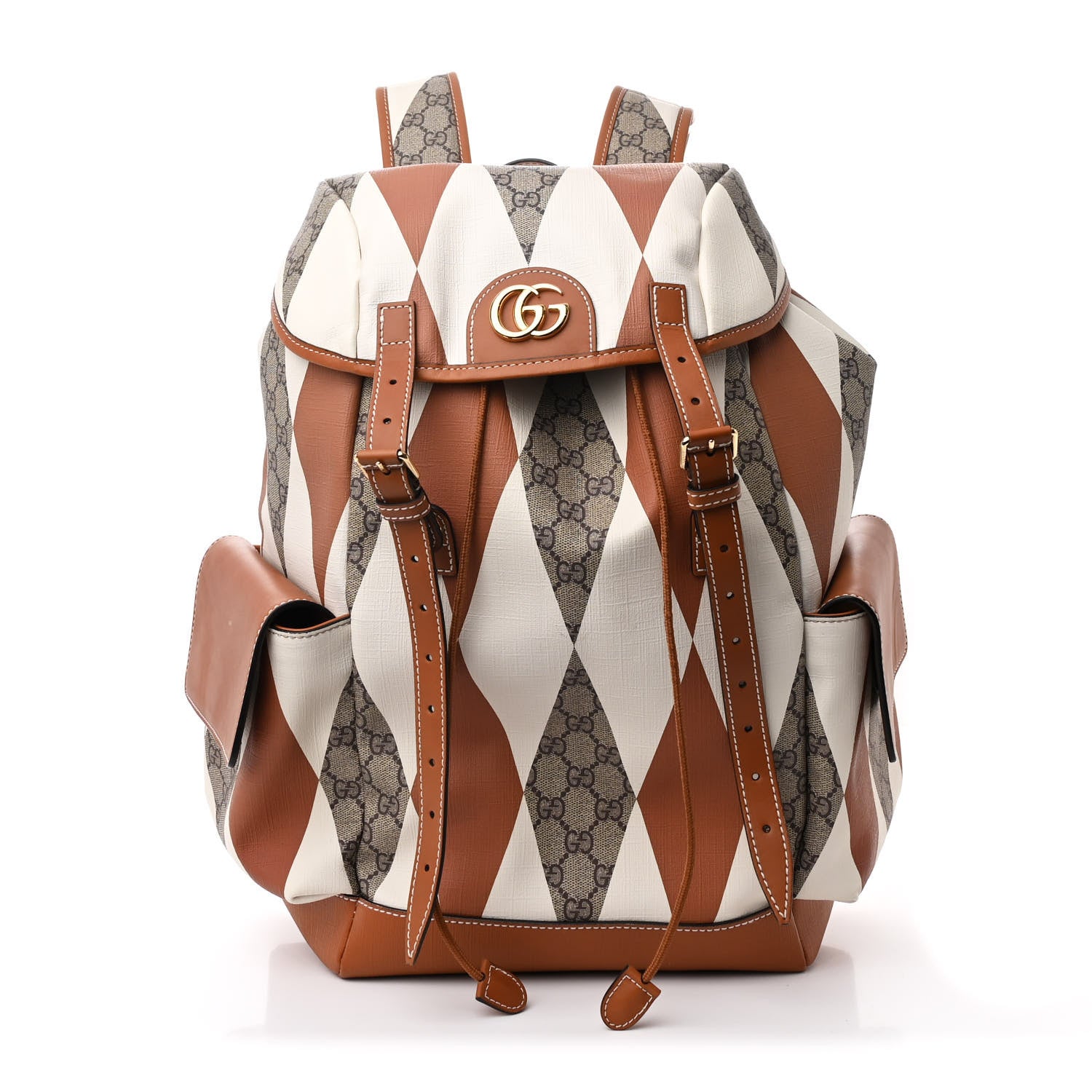 Gucci GG Supreme Monogram Calfskin Rhombus Print Medium Ophidia Double Buckle Backpack Beige Ebony Mystic White Hazel Brown 1 of 10