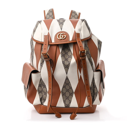 Gucci GG Supreme Monogram Calfskin Rhombus Print Medium Ophidia Double Buckle Backpack Beige Ebony Mystic White Hazel Brown 1 of 10