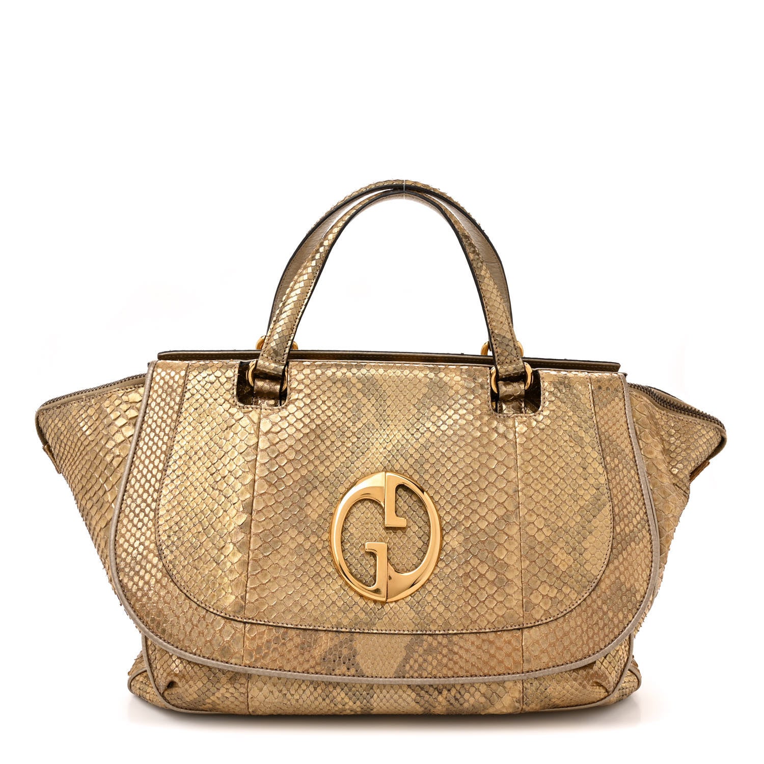 Gucci Metallic Snakeskin Medium 1973 Top Handle Satchel Gold 1 of 14