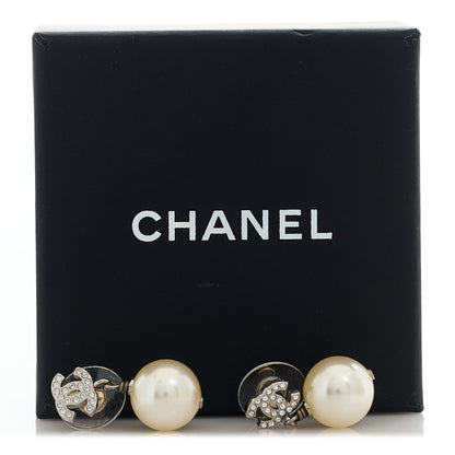 Chanel Crystal Pearl CC Drop Earrings Silver Pearly White 5 of 5