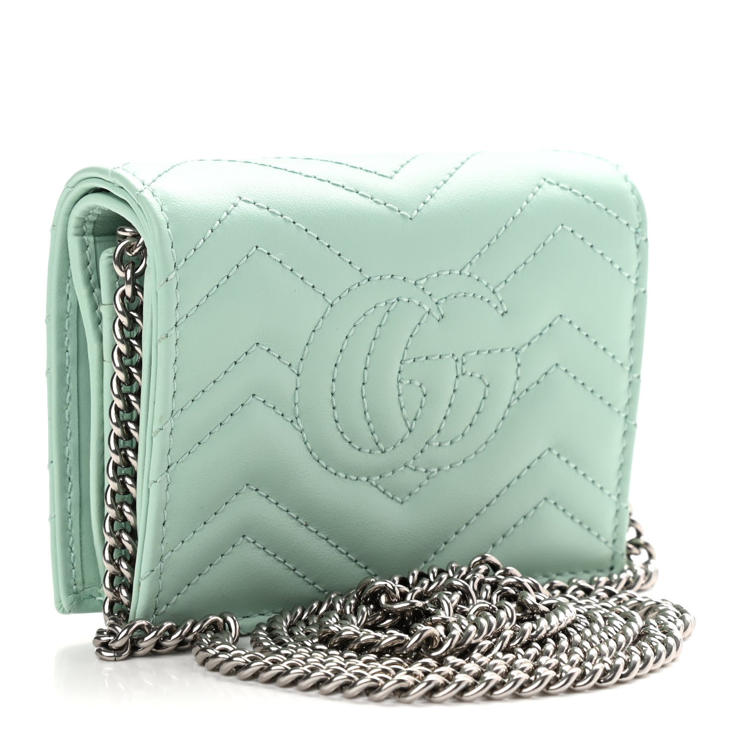 Gucci Calfskin Matelasse GG Marmont Mini Wallet On Chain Water Green 3 of 9