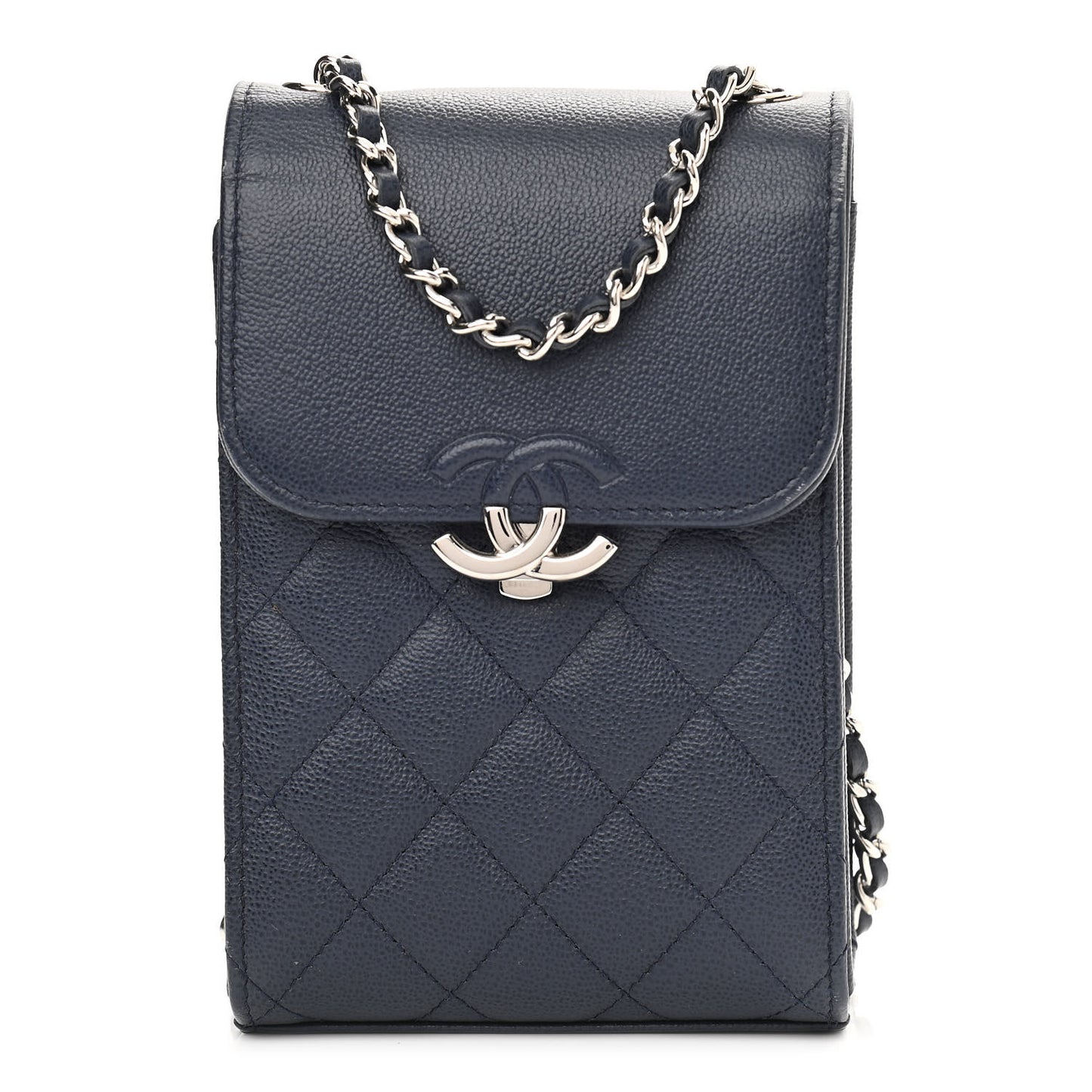 Grained Calfskin Quilted CC Box Clutch With Chain Navy