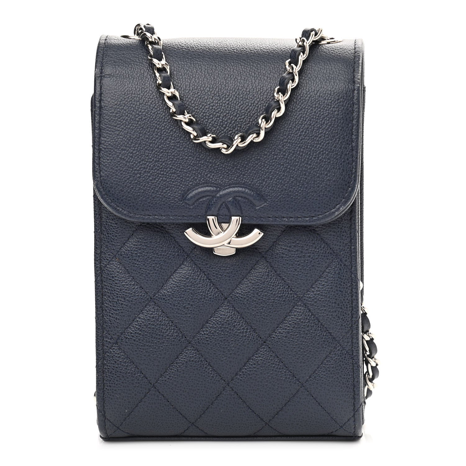 Chanel Grained Calfskin Quilted CC Box Clutch With Chain Navy 1 of 14