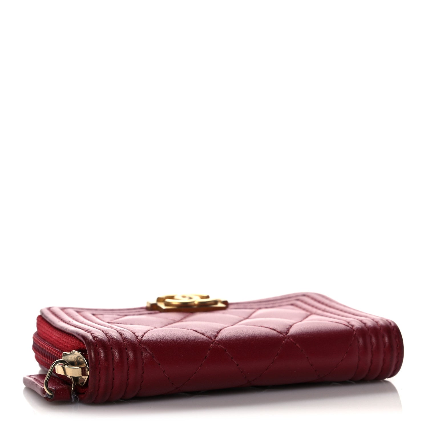 Chanel Lambskin Quilted Boy Zip Around Coin Purse Wallet Red 4 of 14