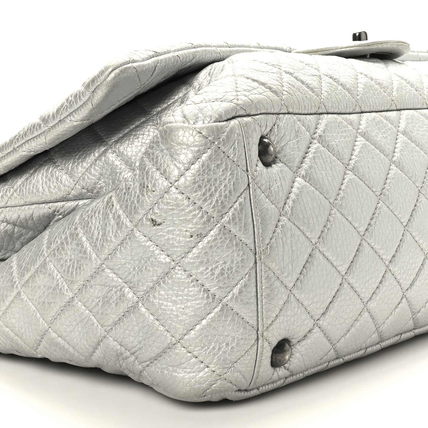 Metallic Calfskin Quilted XXL Travel Flap Bag Silver