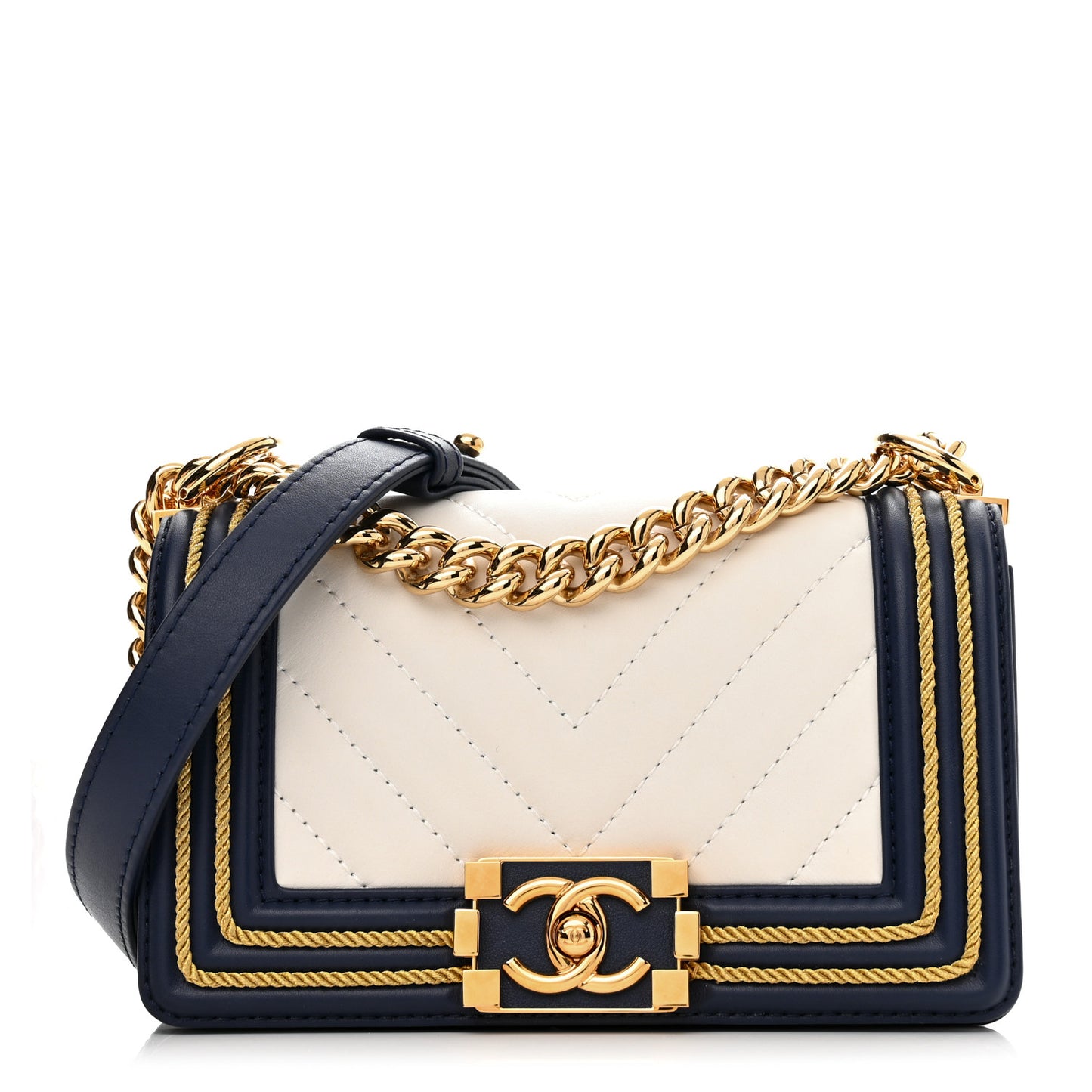 Calfskin Chevron Quilted Braided Small Boy Flap White Navy