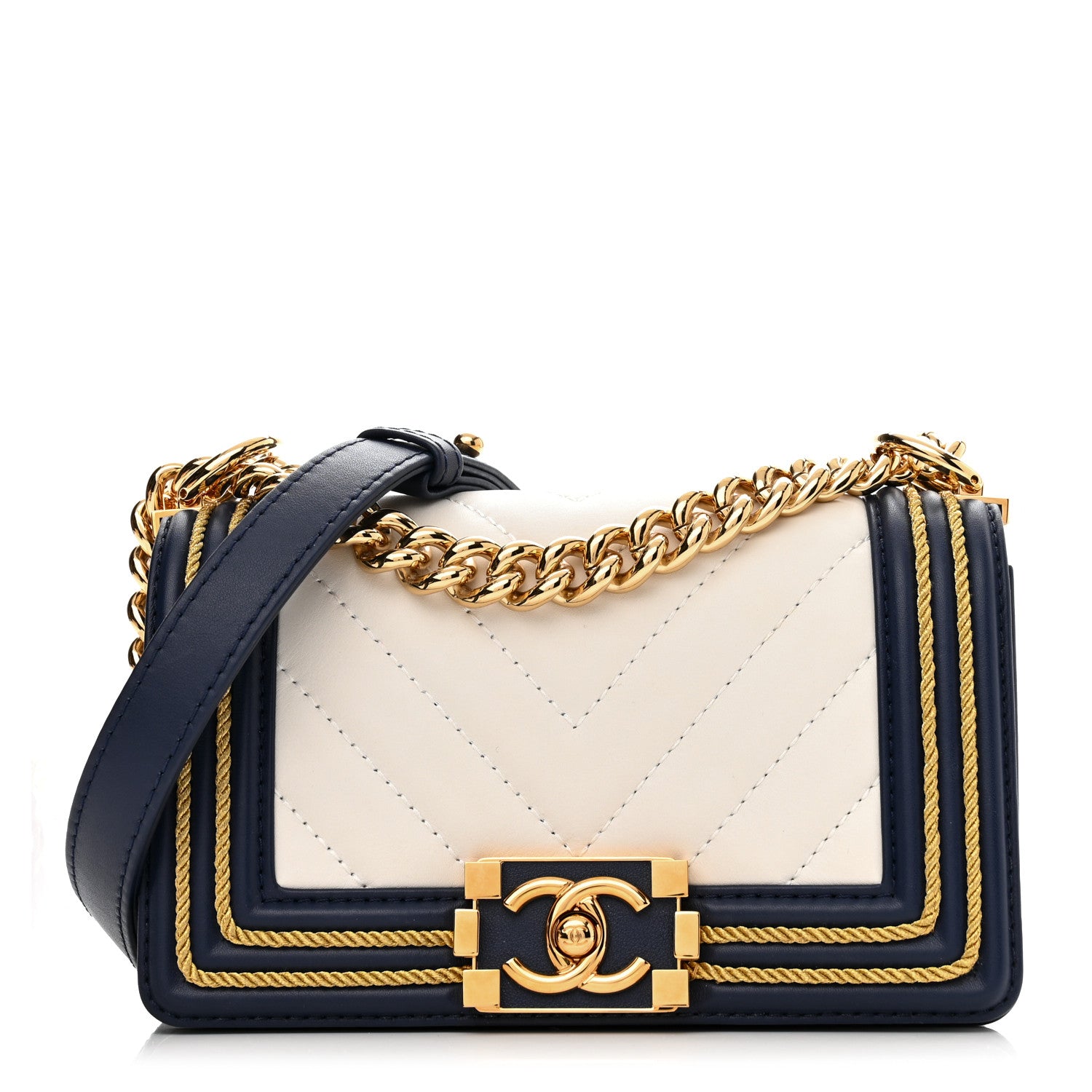 Chanel Calfskin Chevron Quilted Braided Small Boy Flap White Navy 1 of 11