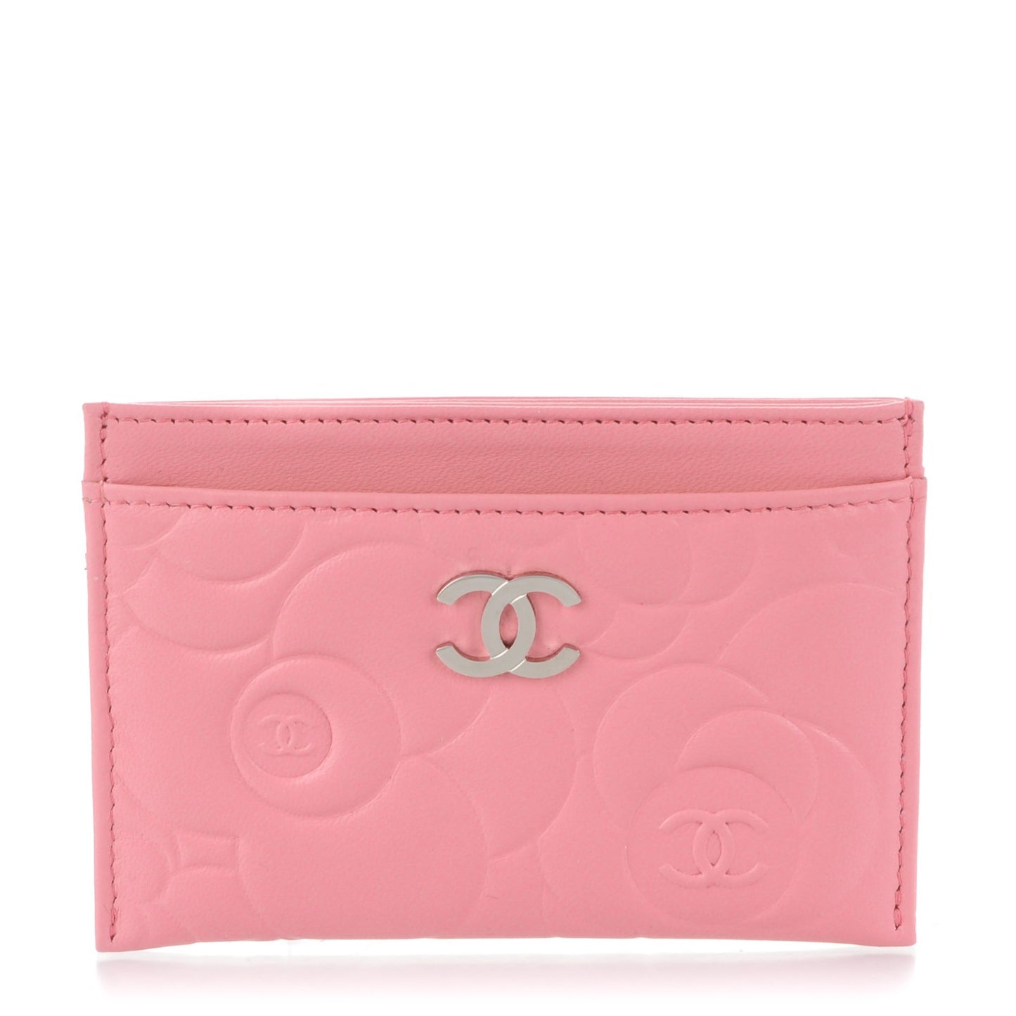 Lambskin Camellia Embossed Card Holder Pink