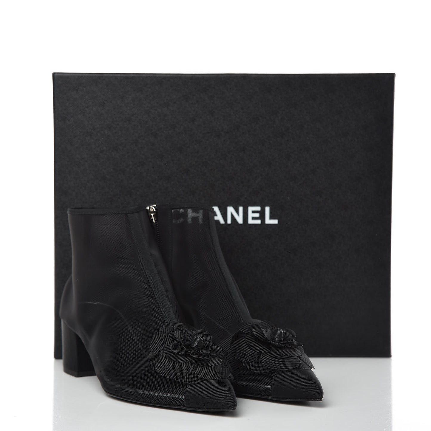 Mesh Grosgrain Camellia Short Boots 37 Black