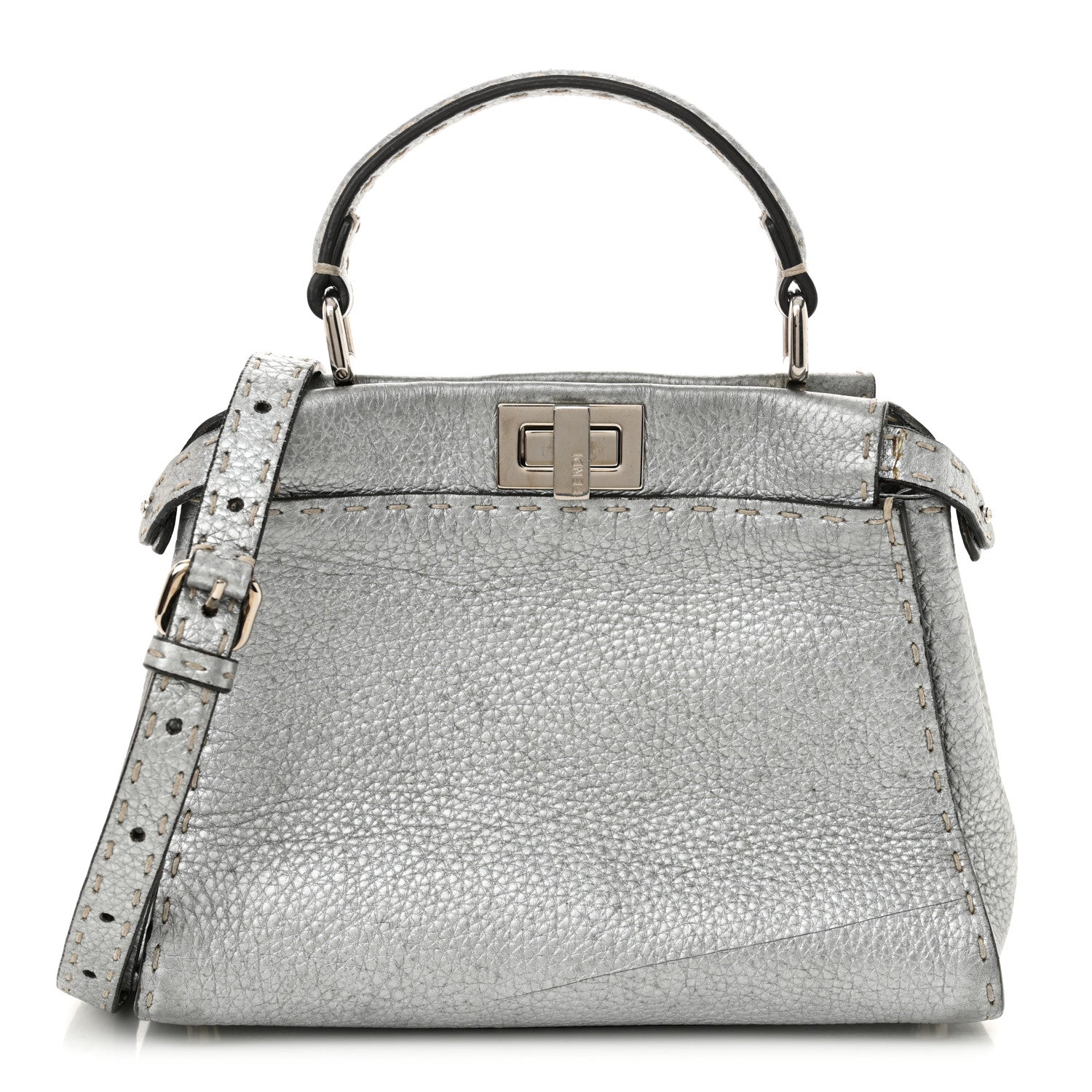 Fendi Cuoio Romano Lux Selleria Mini Peekaboo Iconic Satchel Argento 1 of 13