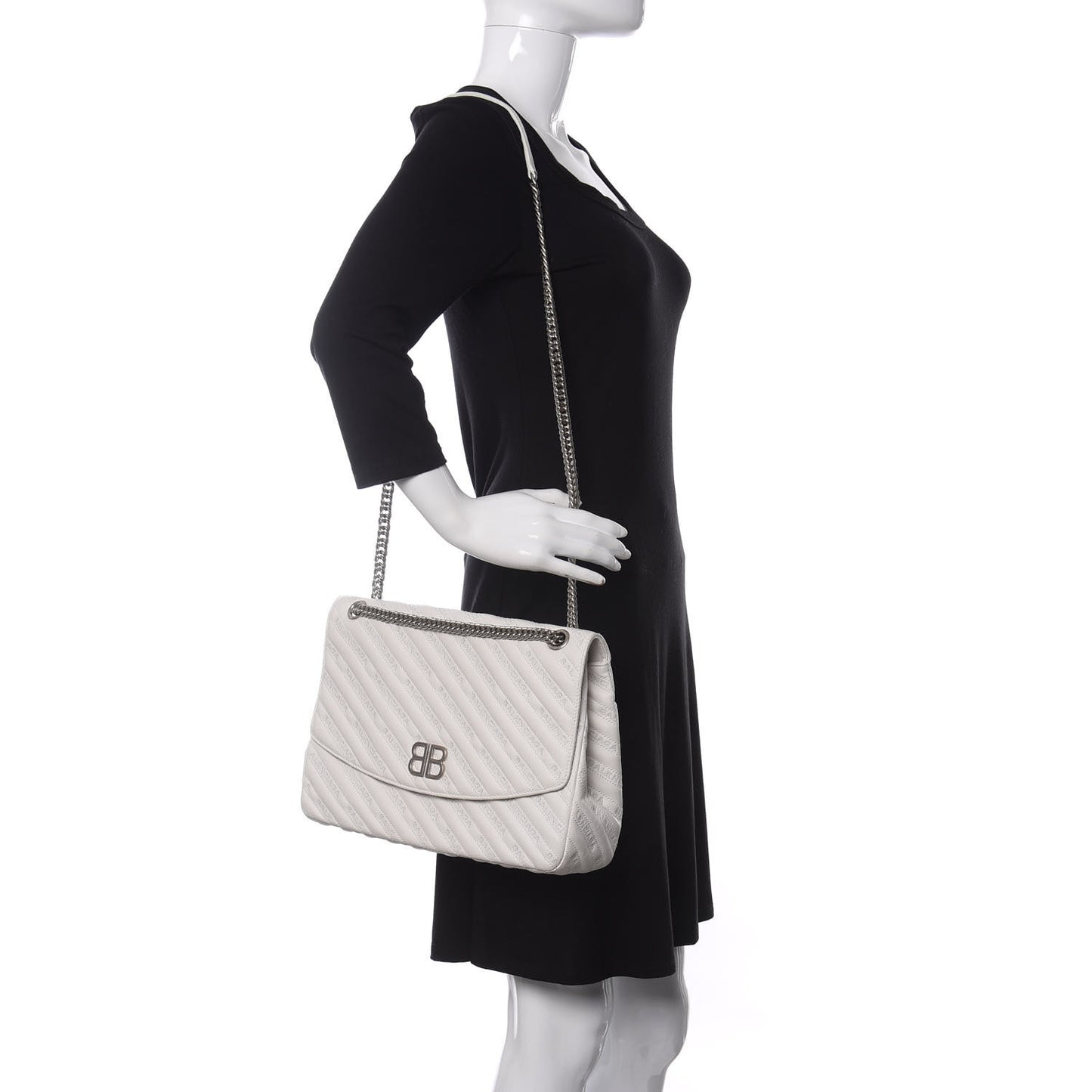 Calfskin Logo Matelasse Large BB Flap Chain Shoulder Bag White