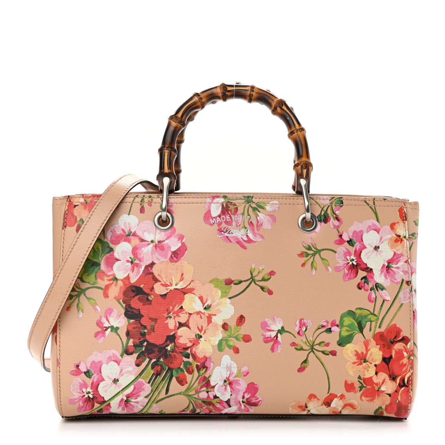 Gucci Shangai Calfskin Blooms Print Medium Bamboo Shopper Tote Pink Apricot Multicolor 1 of 12